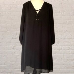 $10$ add on Luxology Black sheer chiffon layered Lace-Up 3/4 Sleeve Dress Size 8
